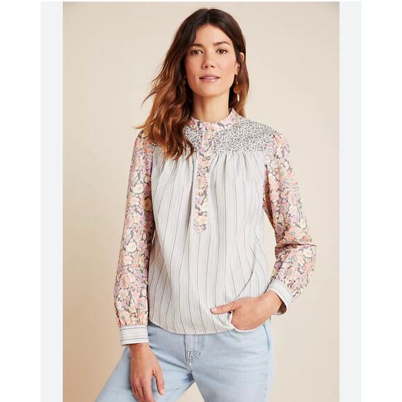 Rebecca Taylor Muted Pink Floral & Grey Pin Stripe Popover Blouse - Picture 1 of 7